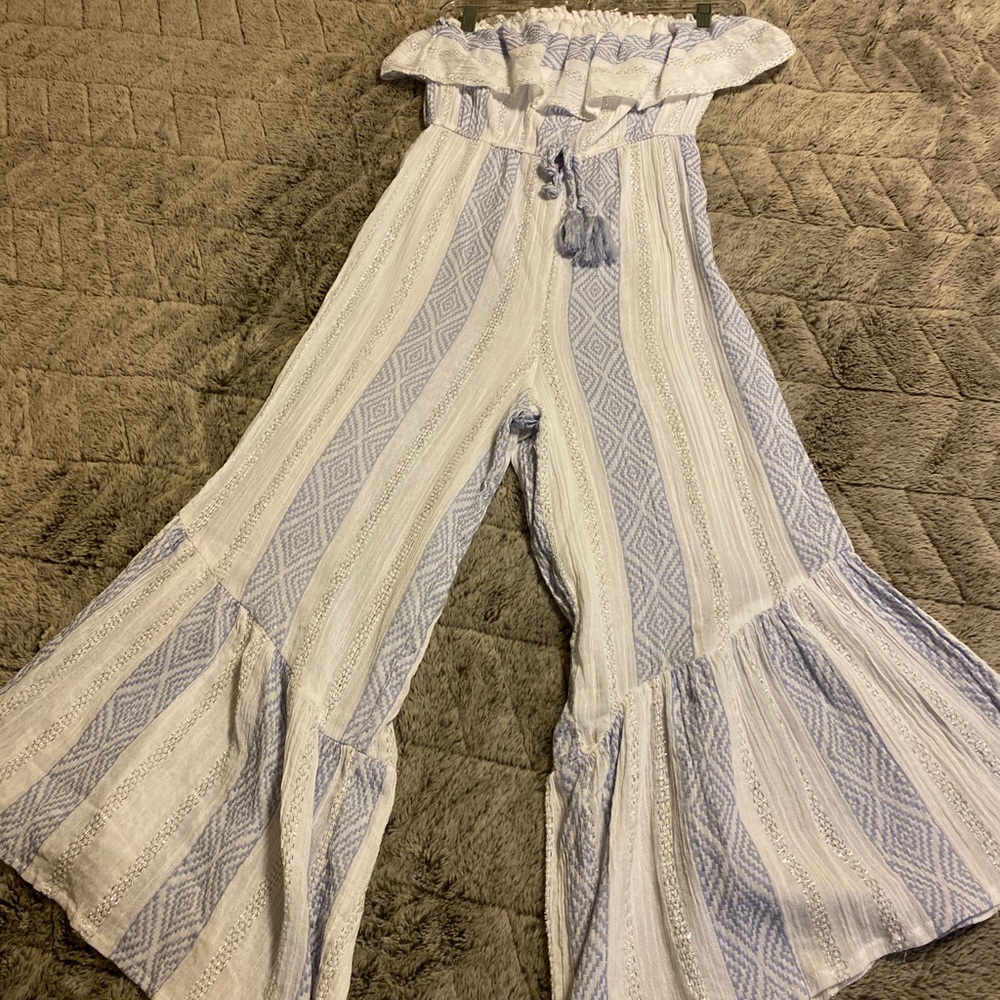 Blue and white wide leg strapless jumpsuit
